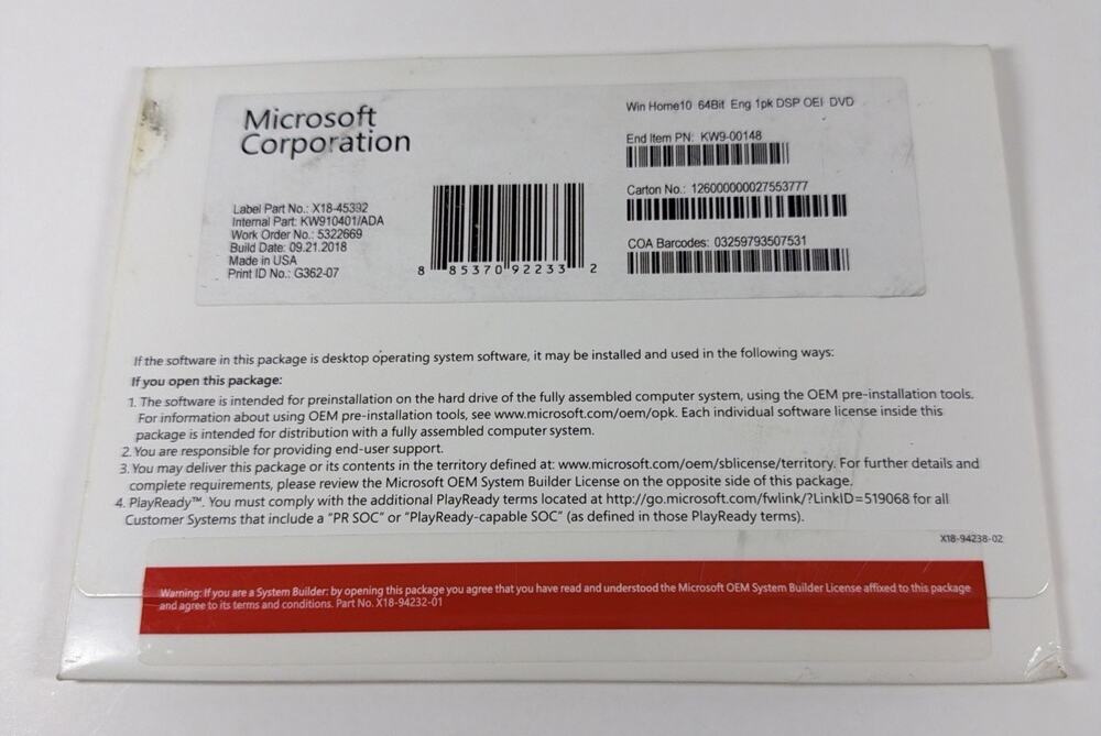Microsoft Windows 10 Home 64 Bit operating system software package DVD Sealed